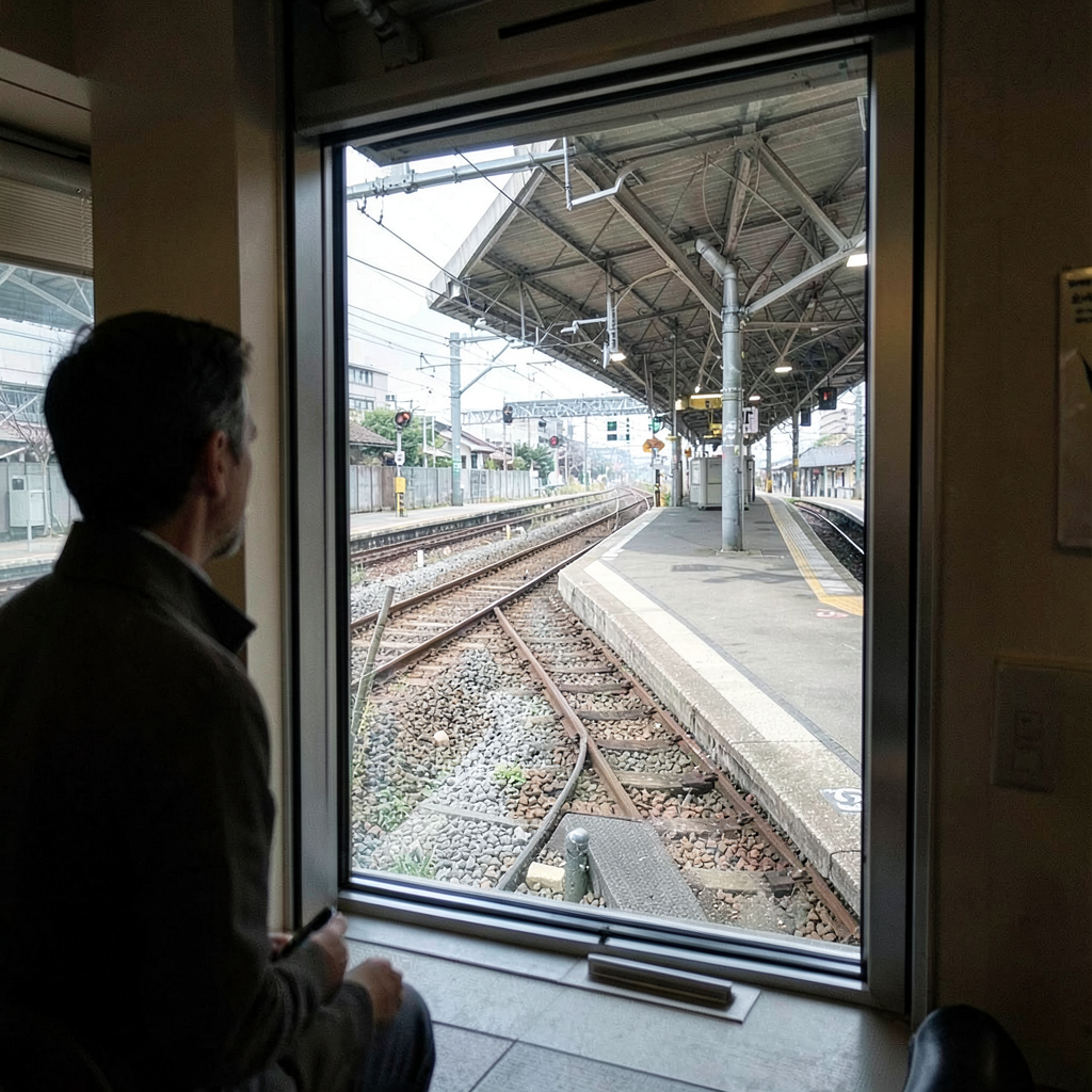 OUTSIDE conceptual image: The window frames the railway operation—from the bed, the original station function remains visible and active.