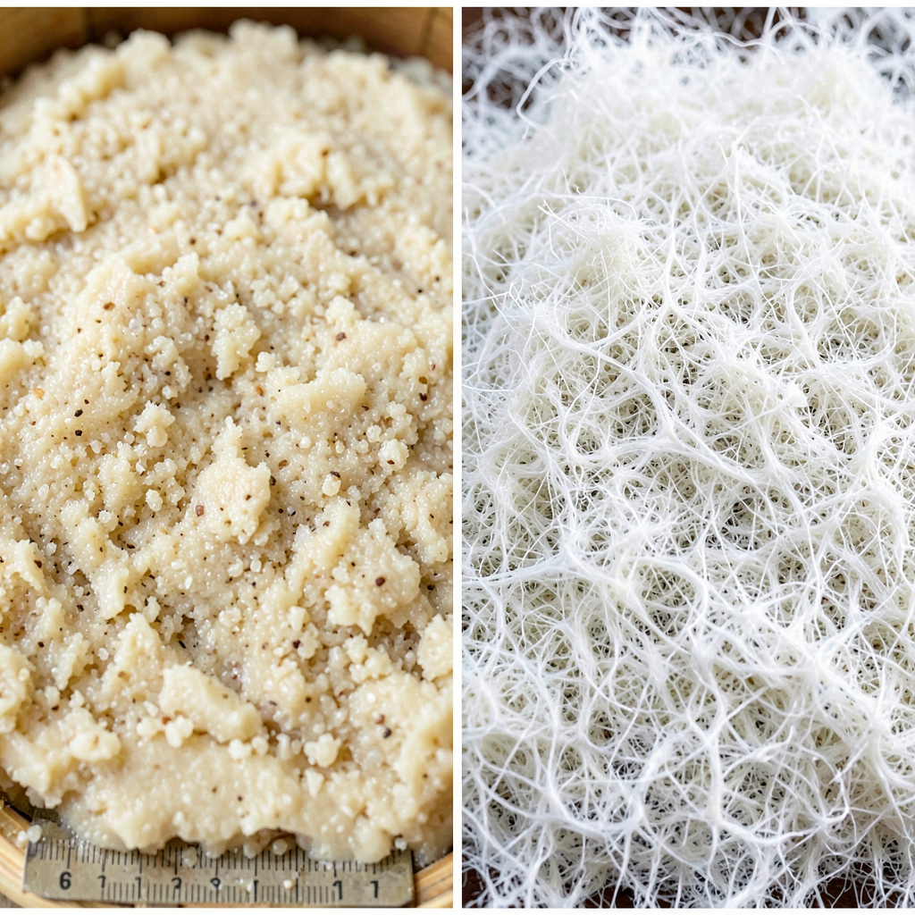 OUTSIDE conceptual image: Sake lees substrate before koji colonization and after 6 days of fermentation. The waste-to-protein transformation made materially visible, not as concept but as documented state change.