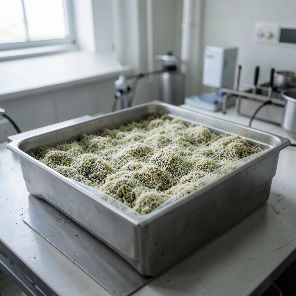 OUTSIDE conceptual image: Koji cultivation at production scale. The question embedded in this image: can laboratory fermentation become industrial infrastructure without depending on Western biotech frameworks?