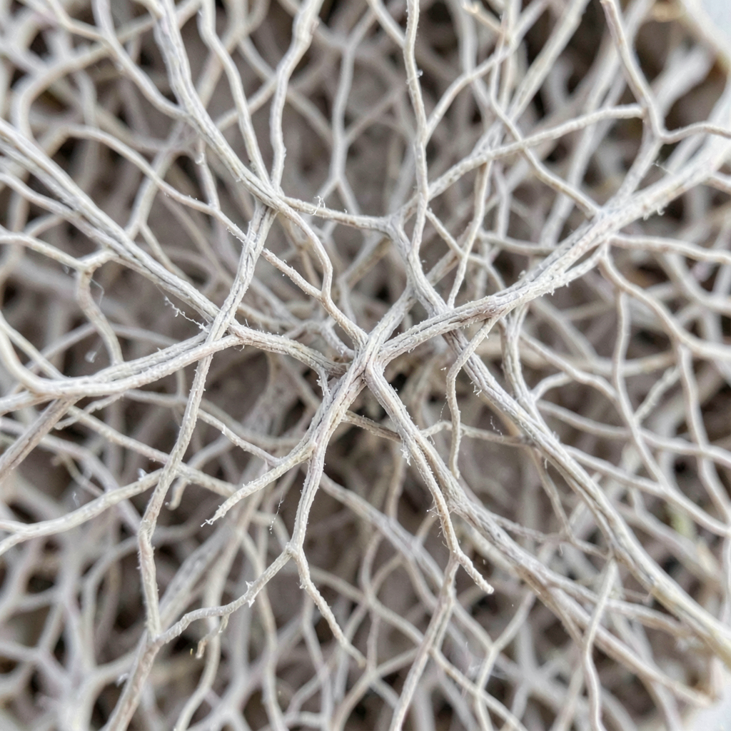 OUTSIDE conceptual image: Koji mycelium structure at 60x magnification. The fiber architecture that produces meat-like texture when cultivated at scale. The microscopic becomes visible; the biological comparison becomes apparent.